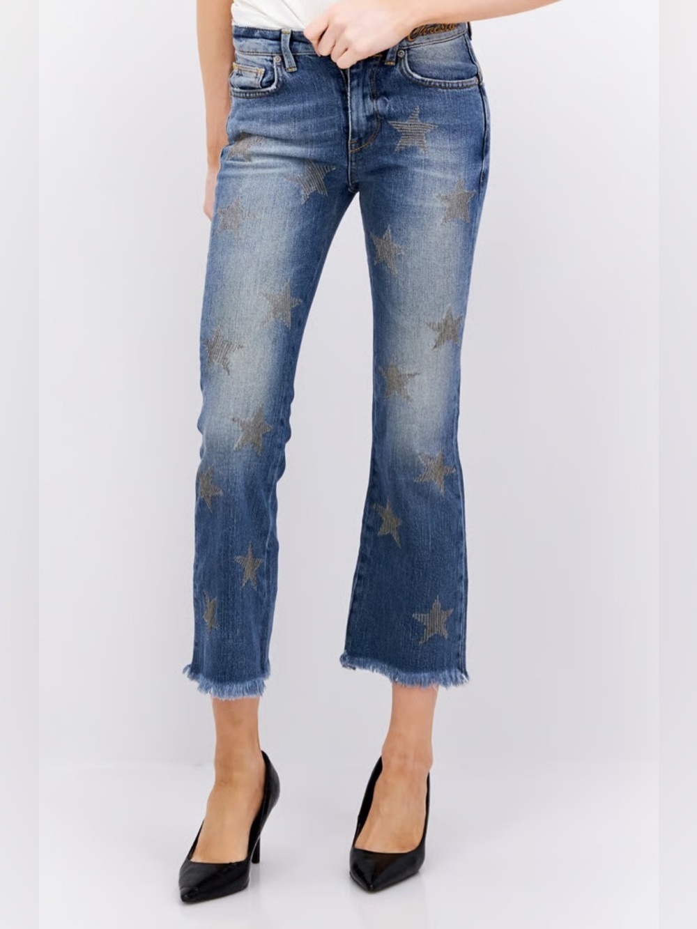 NWT P Jean Christie Celestial Chain Star Kick Crop Flare Jeans Sz 26